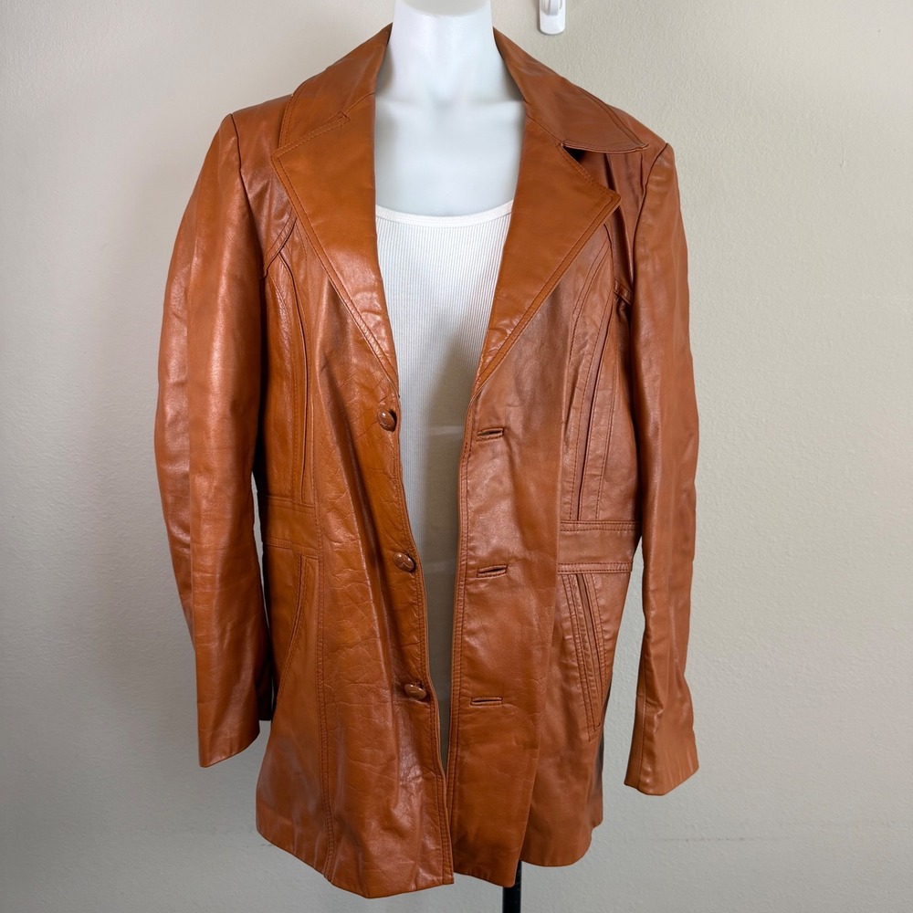 Vintage Jeffery 70s Leather Jacket 42 Cognac Brown Mod Disco Boho Western - Picture 10 of 11